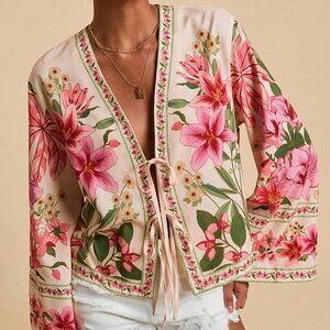 Boho Womens Floral Print Long Sleeve tie detailed Blouse Shirt